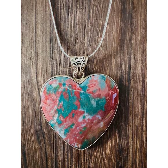 Large Sterling Silver Bloodstone Heart Pendant Red Green Pattern Decorative Bail - Picture 5 of 7